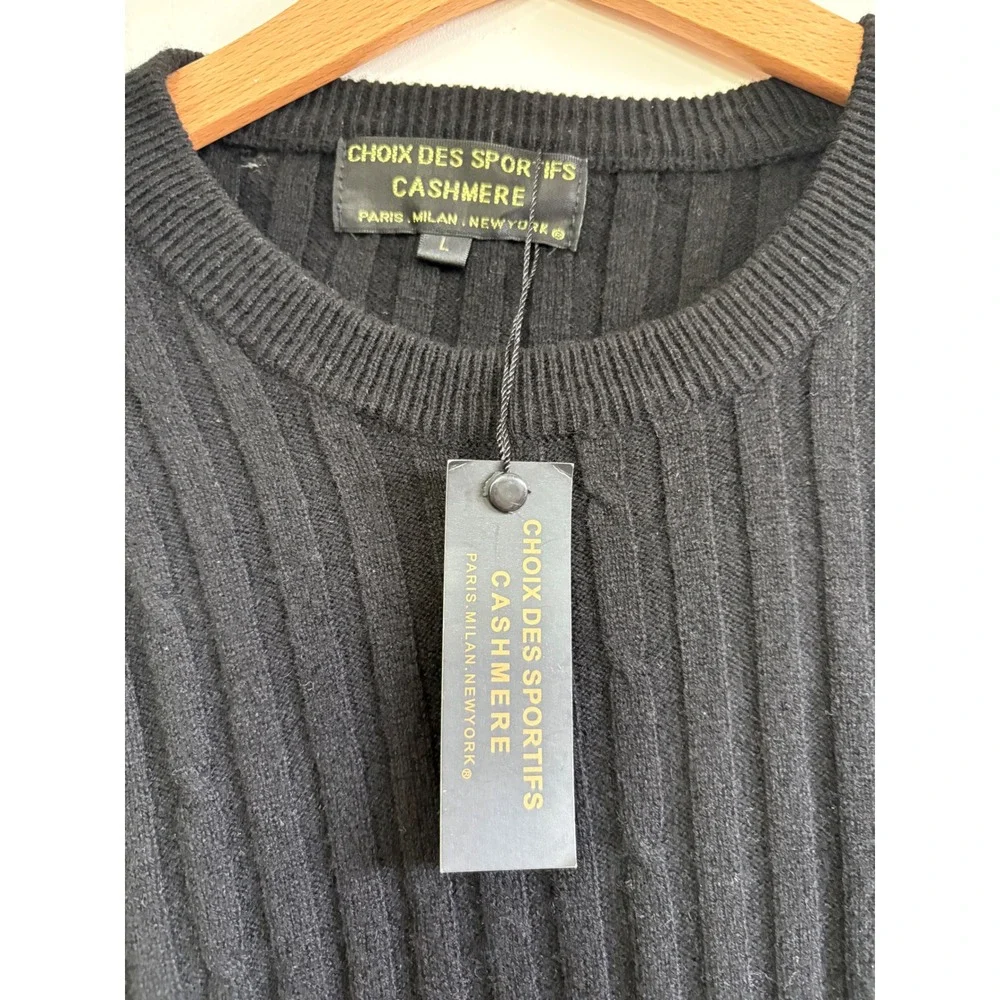 Choix Des Sportifs Cashmere Sweater Mens Large Black Ribbed Knit Crewneck NWT
